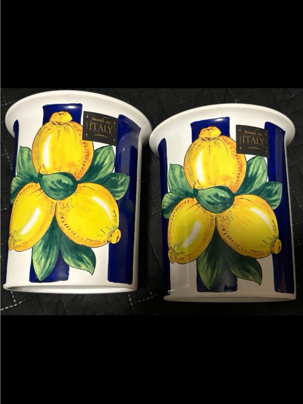 Made in Italy Ceramic Lemon Vases - Set of 2 Yellow & Blue Decorative Pot